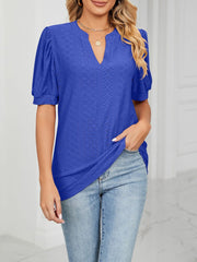 Notch Neck Solid Color Puff Sleeve Textured Blouse