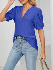 Notch Neck Solid Color Puff Sleeve Textured Blouse