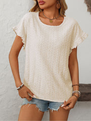 Round Neck Short Sleeve Eyelet Ruffled Blouse