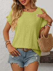 Round Neck Short Sleeve Eyelet Ruffled Blouse