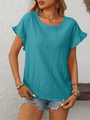Round Neck Short Sleeve Eyelet Ruffled Blouse