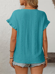 Round Neck Short Sleeve Eyelet Ruffled Blouse