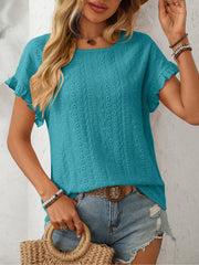 Round Neck Short Sleeve Eyelet Ruffled Blouse