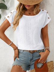 Solid Color Round Neck Button Short Sleeve Eyelet Blouse