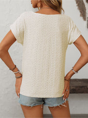 Solid Color Round Neck Button Short Sleeve Eyelet Blouse