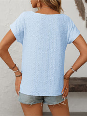 Solid Color Round Neck Button Short Sleeve Eyelet Blouse