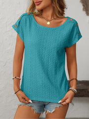 Solid Color Round Neck Button Short Sleeve Eyelet Blouse