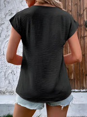 V Neck Button Solid Color Bat Sleeve Casual Blouse