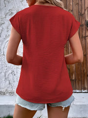 V Neck Button Solid Color Bat Sleeve Casual Blouse