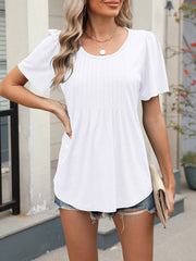 Round Neck Pleated Short Sleeve Solid Color Blouse