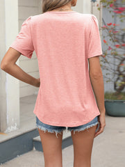 Round Neck Pleated Short Sleeve Solid Color Blouse