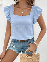 Square Neck Ruffled Cap Sleeves Textured Blouse