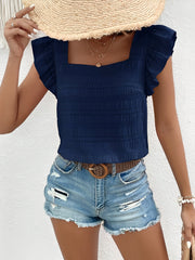 Square Neck Ruffled Cap Sleeves Textured Blouse