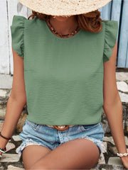 Ruffled Cap Sleeves Lace-Up Textured Blouse