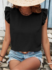 Ruffled Cap Sleeves Lace-Up Textured Blouse