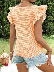 Gingham Square Neck Ruffled Cap Sleeves Blouse
