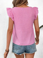 Gingham Square Neck Ruffled Cap Sleeves Blouse