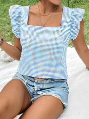 Gingham Square Neck Ruffled Cap Sleeves Blouse