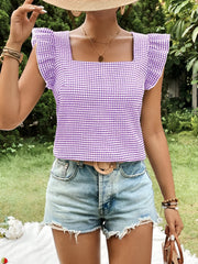 Gingham Square Neck Ruffled Cap Sleeves Blouse