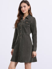 Button Down Collar V Neck Long Sleeve A-line Jean Denim Dress