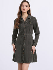 Button Down Collar V Neck Long Sleeve A-line Jean Denim Dress