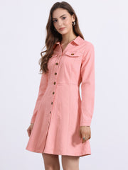 Button Down Collar V Neck Long Sleeve A-line Jean Denim Dress