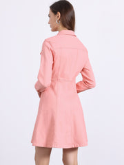 Button Down Collar V Neck Long Sleeve A-line Jean Denim Dress