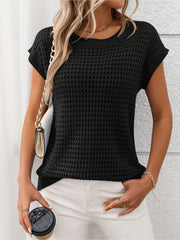 Round Neck Short Sleeves Sheer Knitted Blouse