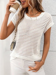 Round Neck Short Sleeves Sheer Knitted Blouse