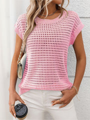 Round Neck Short Sleeves Sheer Knitted Blouse