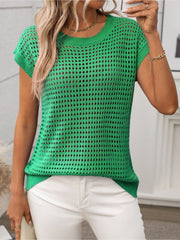 Round Neck Short Sleeves Sheer Knitted Blouse