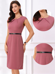 Elegant Business Cap Sleeve Belted Pencil Work Sheath Dress