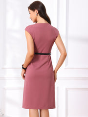 Elegant Business Cap Sleeve Belted Pencil Work Sheath Dress