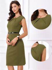 Elegant Business Cap Sleeve Belted Pencil Work Sheath Dress