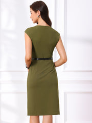 Elegant Business Cap Sleeve Belted Pencil Work Sheath Dress