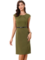 Elegant Business Cap Sleeve Belted Pencil Work Sheath Dress