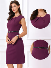 Elegant Business Cap Sleeve Belted Pencil Work Sheath Dress