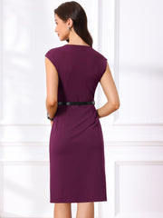 Elegant Business Cap Sleeve Belted Pencil Work Sheath Dress