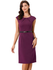 Elegant Business Cap Sleeve Belted Pencil Work Sheath Dress