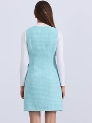 Tweed Sleeveless Button Up Pockets A-Line Pinafore Overall Dress