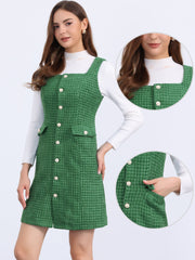 Tweed Sleeveless Button Up Pockets A-Line Pinafore Overall Dress