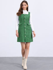 Tweed Sleeveless Button Up Pockets A-Line Pinafore Overall Dress