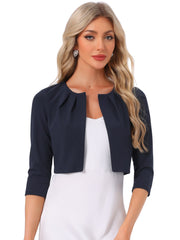 3/4 Sleeve Collarless Pleated Open Front Shrugs
