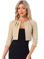 3/4 Sleeve Collarless Pleated Open Front Shrugs