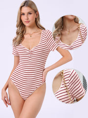 Stripe Sweetheart Neck Short Sleeve Bodysuit Tops