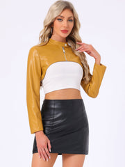 Faux Leather Stand Collar Moto Biker Cropped Jacket Shrugs