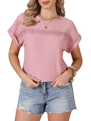 Eyelet Short Sleeve Hollow Out Summer Casual Top