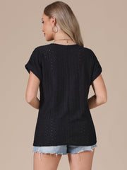 Eyelet Short Sleeve Hollow Out Summer Casual Top