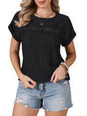 Eyelet Short Sleeve Hollow Out Summer Casual Top