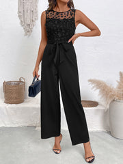 Flower Decor Mesh Sleeveless Tie Waist Jumpsuits